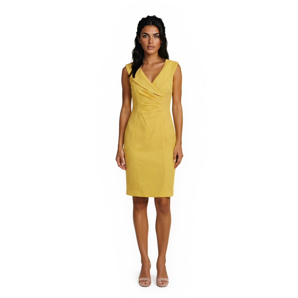 Kay Unger Sheath Dress‎ Women's Size 4 Yellow Jacquard Shawl Collar Sleeveless